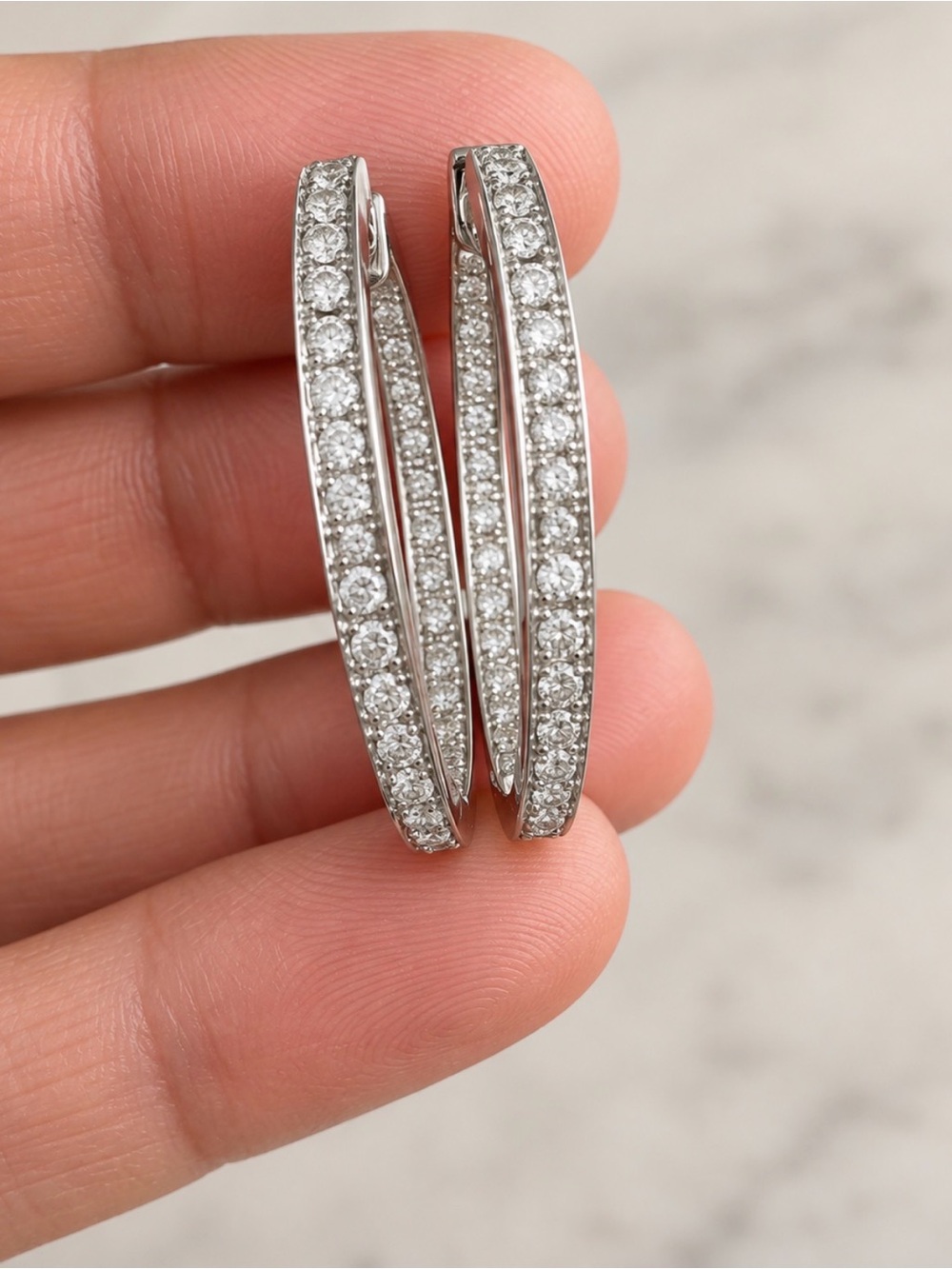 14K White Gold 1” Diamond Hoop Earrings, 7.5G, snap back closure - Picture 4 of 4